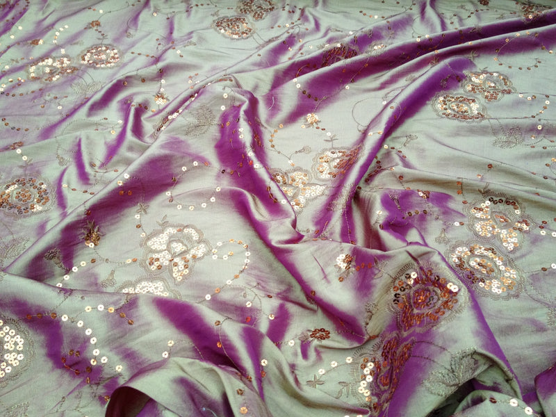 Sequins Floral Two Tone Taffeta Fabric, Gold Shot Pink