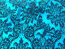 Black Damask Velvet Flock Taffeta Fabric, Teal