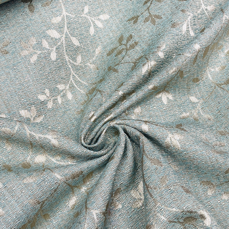 Small Beige Floral Leaves Curtain Brocade Fabric 140cm, Green