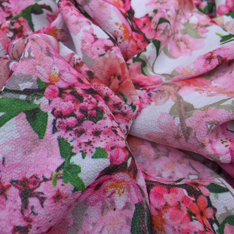 Blossom Floral Digital Print Bubble Crepe Dress Fabric, White