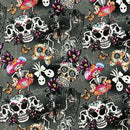 Tissu artisanal en coton numérique Day Of The Dead, anthracite