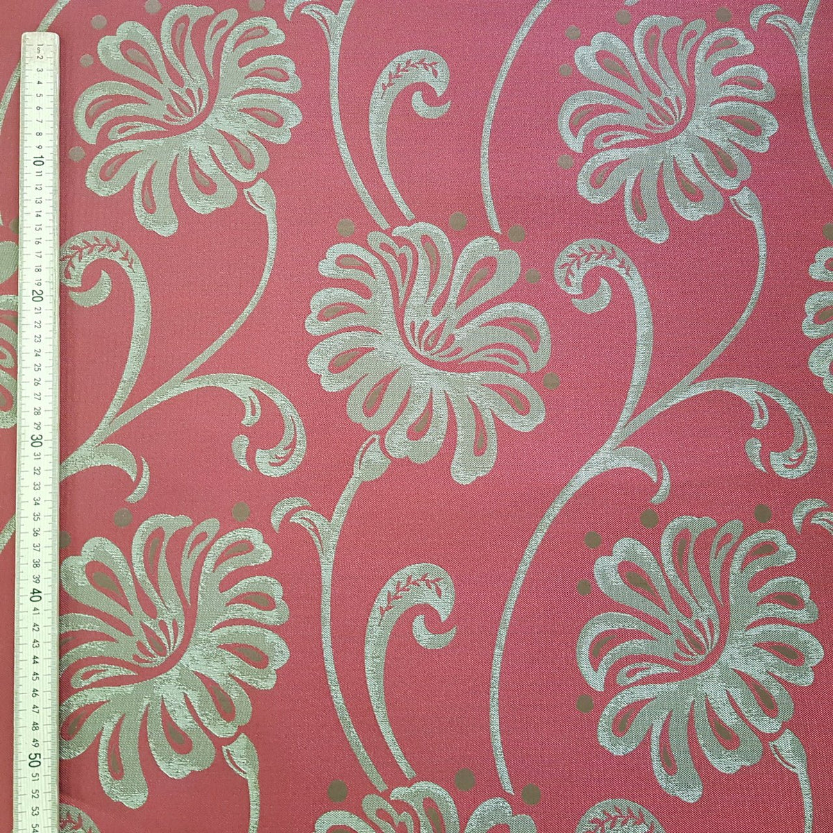Beige Floral Upholstery Curtain Brocade Fabric 140cm, Red - Bull Ring Fabrics