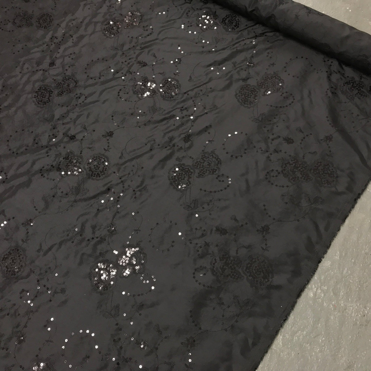 Black Floral Sequin Taffeta Fabric Dress Bridal Abaya Material - Bull Ring Fabrics