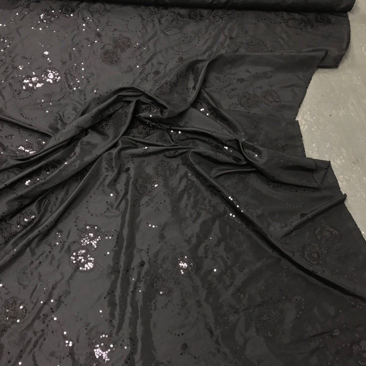 Black Floral Sequin Taffeta Fabric Dress Bridal Abaya Material - Bull Ring Fabrics