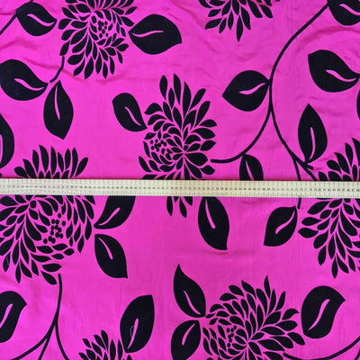 Black Floral Velvet Flock Taffeta Fabric, Cerise - Bull Ring Fabrics