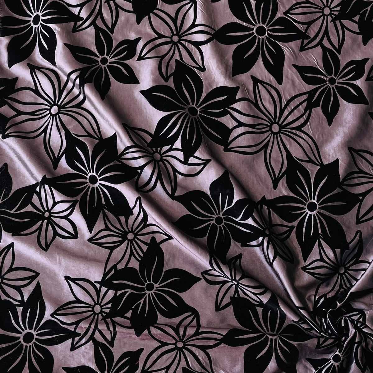 Black Flower Velvet Flock Taffeta Fabric, Aubergine - Bull Ring Fabrics