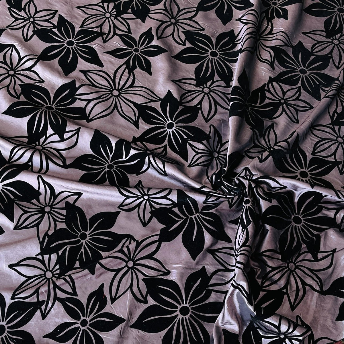 Black Flower Velvet Flock Taffeta Fabric, Aubergine - Bull Ring Fabrics