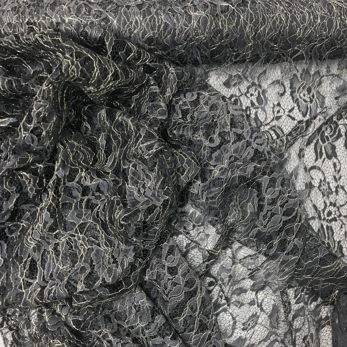 Black & Gold Floral Lace Fabric Midi Dress Skirt Sew Cutwork Wedding Gothic Goth - Bull Ring Fabrics