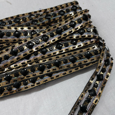 Black Stone Diamond Cut Gold Lace Trimming Wedding Dress Neck Hem Arms/Skirt Top - Bull Ring Fabrics