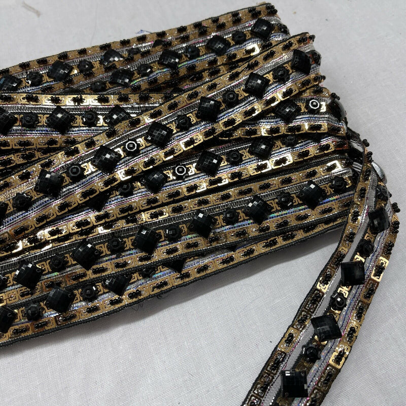 Black Stone Diamond Cut Gold Lace Trimming Wedding Dress Neck Hem Arms/Skirt Top - Bull Ring Fabrics