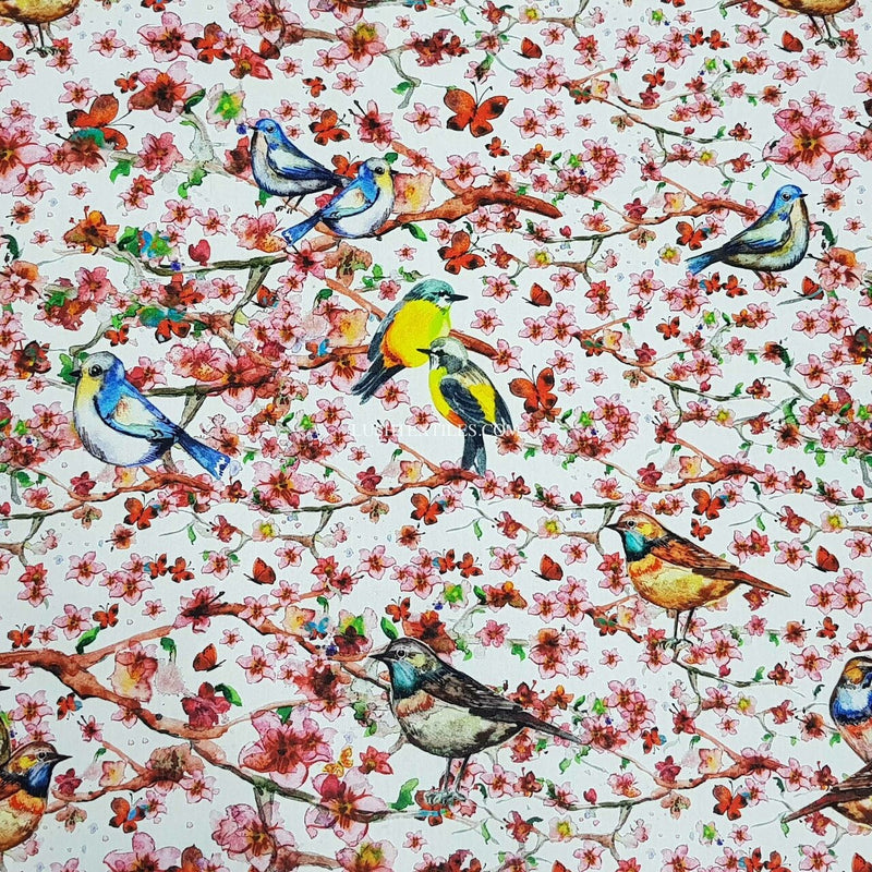 Blossom Twigs & Birds Digital Print Cotton Fabric - Bull Ring Fabrics