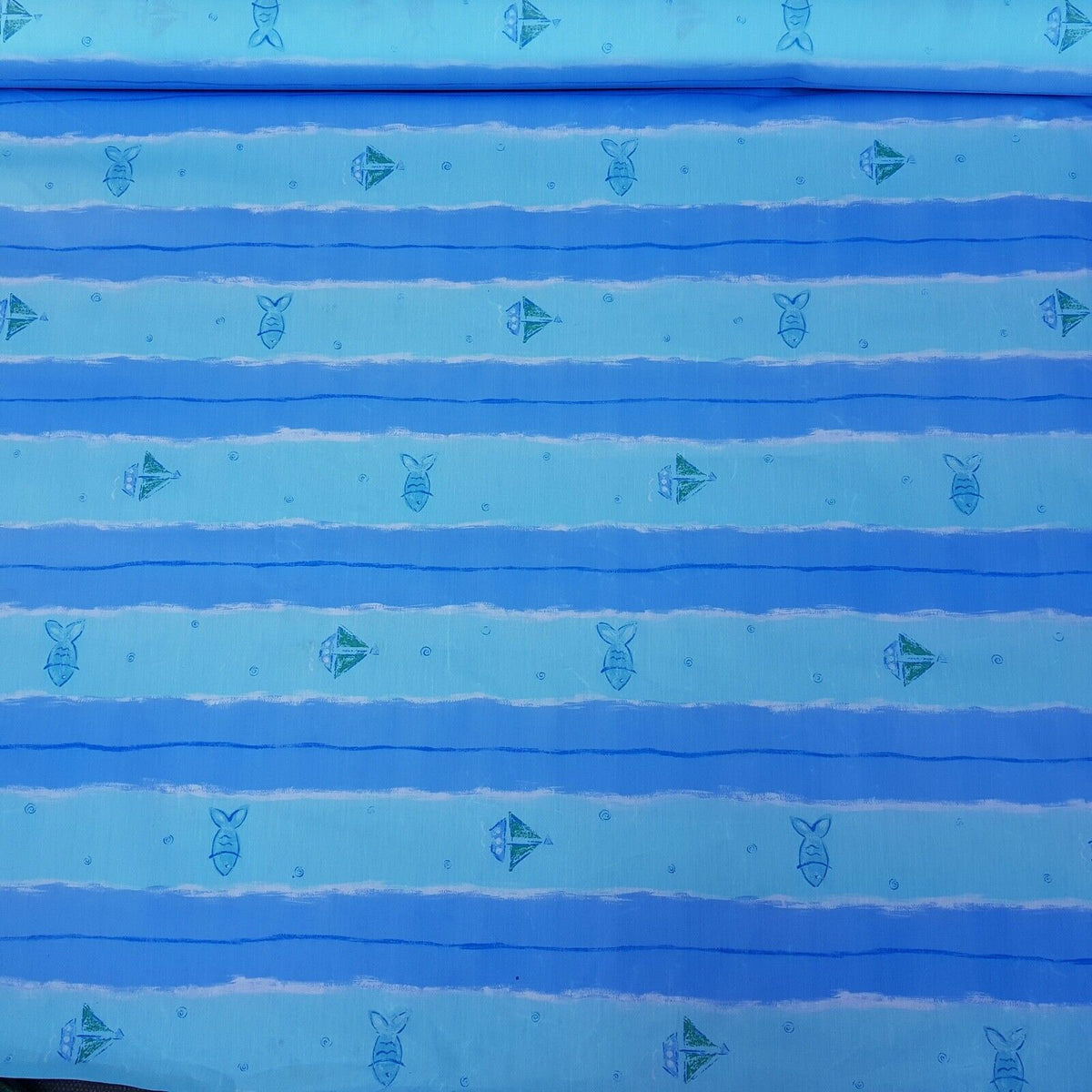 BLUE NAUTICAL FISH & BOATS WATER RESISTANT RIPSTOP FABRIC MATERIAL BY THE METRE - Bull Ring Fabrics