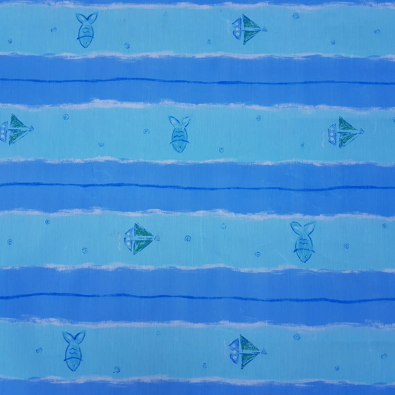 BLUE NAUTICAL FISH & BOATS WATER RESISTANT RIPSTOP FABRIC MATERIAL BY THE METRE - Bull Ring Fabrics
