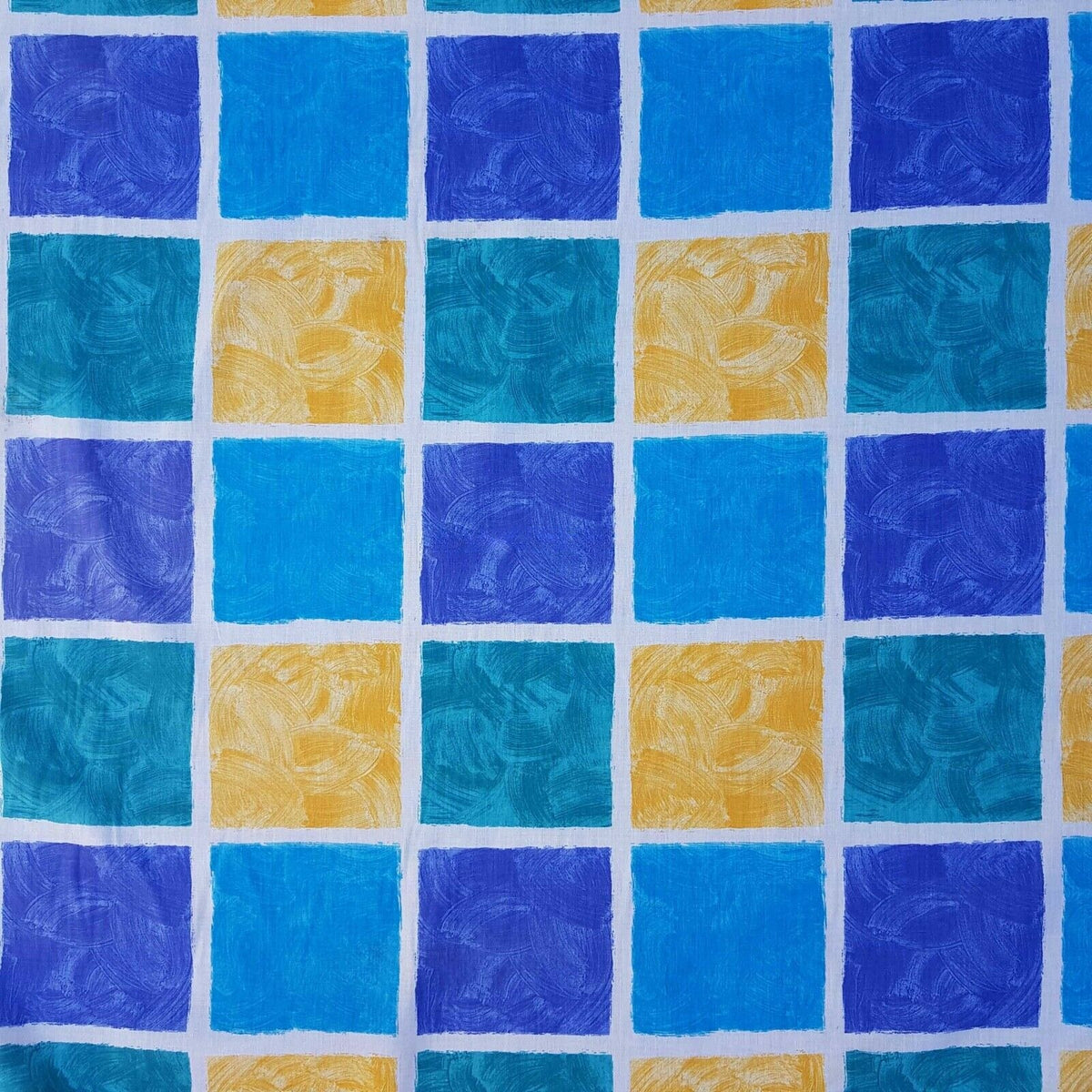 Blue & Yellow Squares Poly Cotton Sheeting Fabric NHS SCRUBS Crafts 200cm WIDE - Bull Ring Fabrics