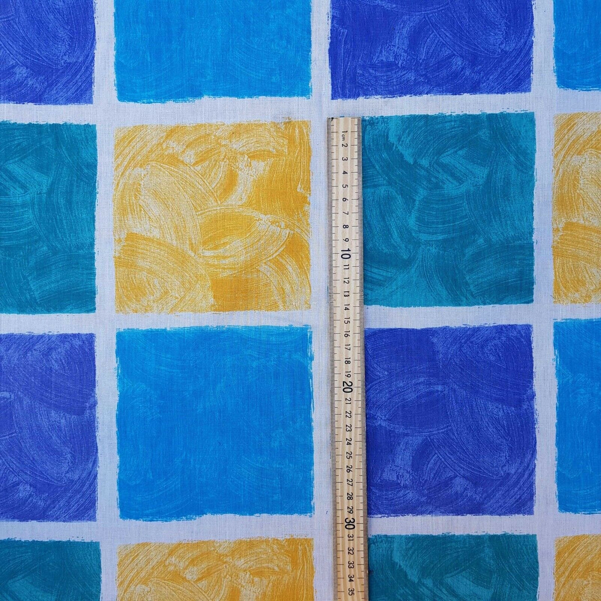 Blue & Yellow Squares Poly Cotton Sheeting Fabric NHS SCRUBS Crafts 200cm WIDE - Bull Ring Fabrics
