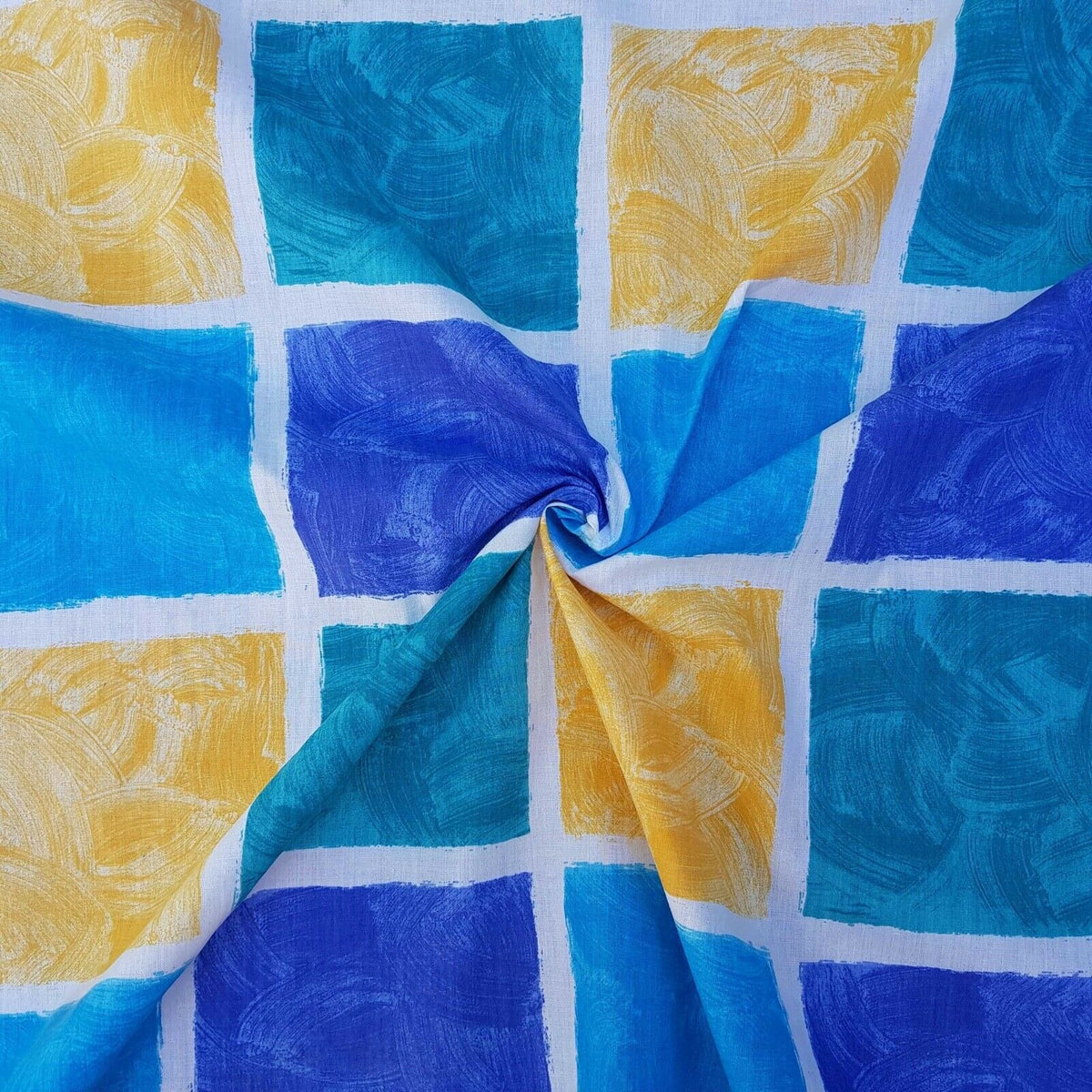 Blue & Yellow Squares Poly Cotton Sheeting Fabric NHS SCRUBS Crafts 200cm WIDE - Bull Ring Fabrics