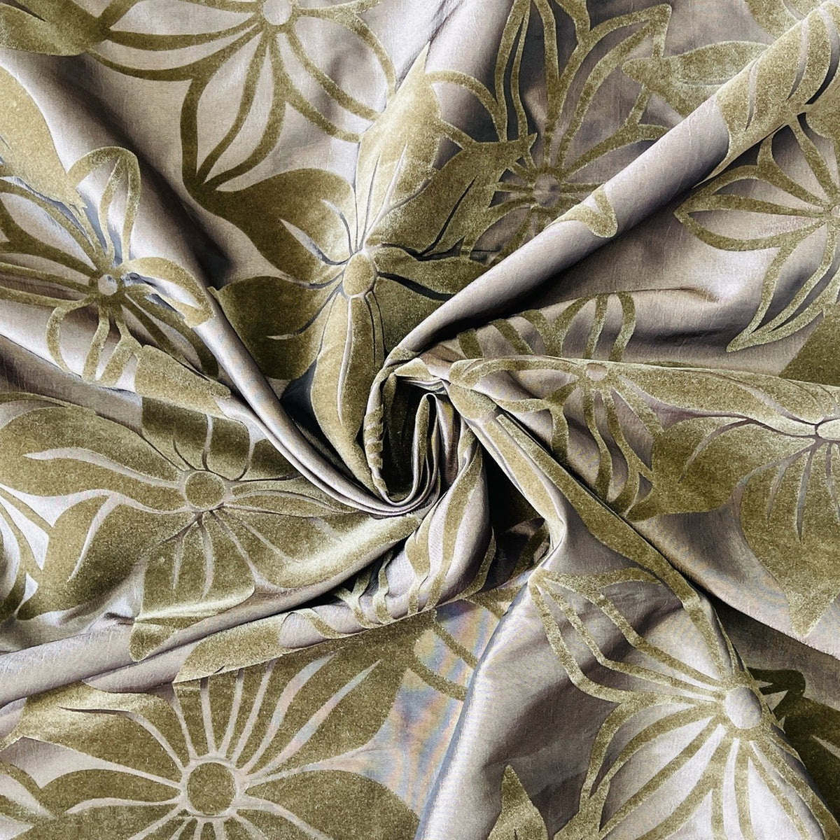 Brown Floral Velvet Flock Taffeta Fabric, Brown - Bull Ring Fabrics