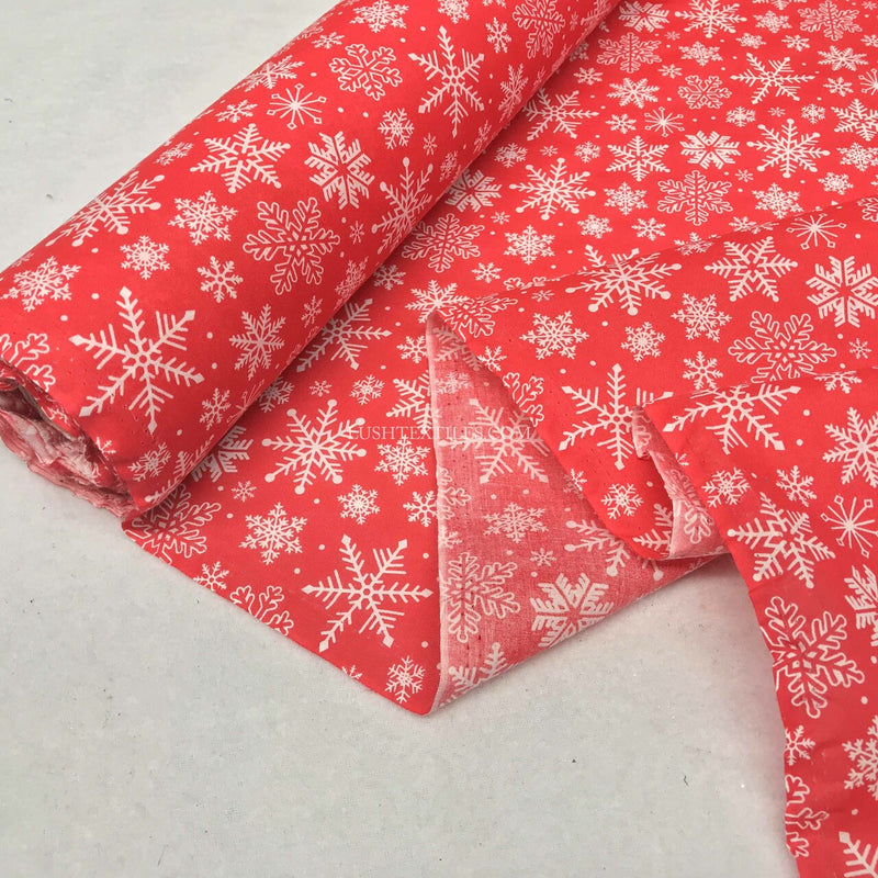 Xmas Snowflakes Christmas Polycotton Fabric, Red