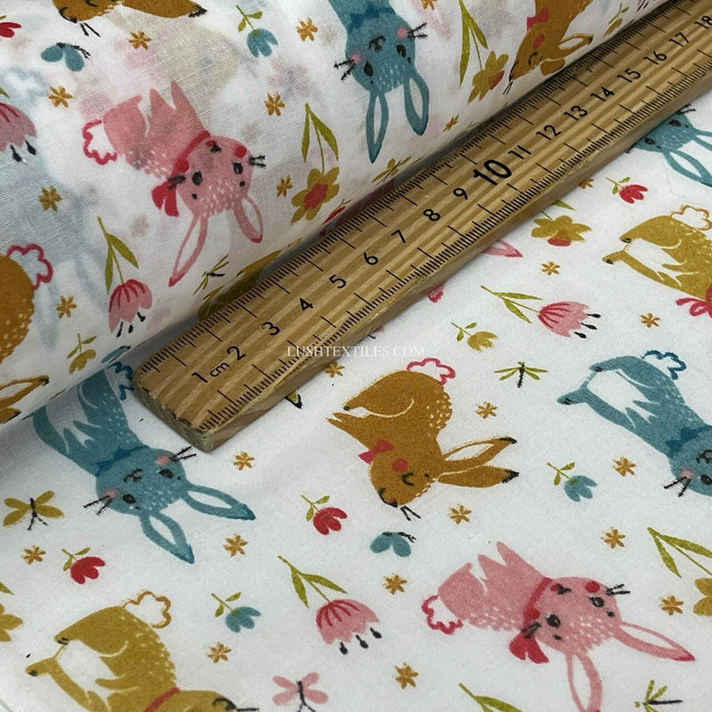 Colourful Bunny Rabbits Polycotton Fabric, White