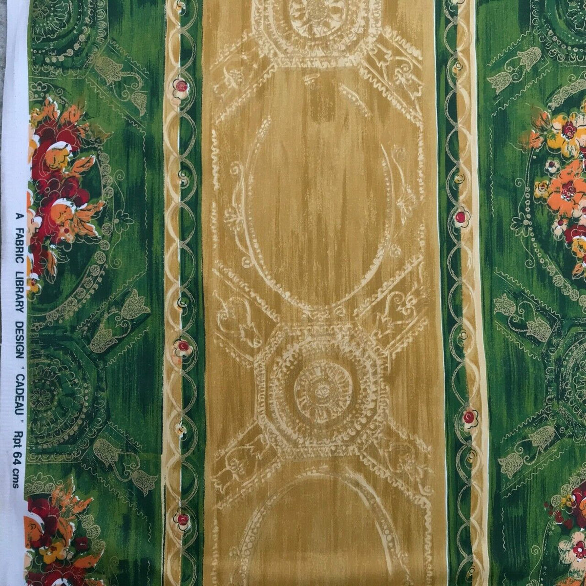 Cadeau Damask Vintage Blossom Floral Cotton Fabric 140cm, Green/Gold - Bull Ring Fabrics