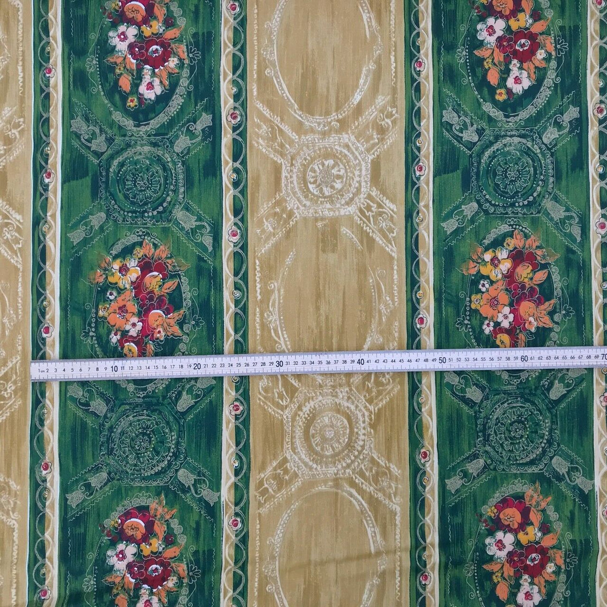Cadeau Damask Vintage Blossom Floral Cotton Fabric 140cm, Green/Gold - Bull Ring Fabrics