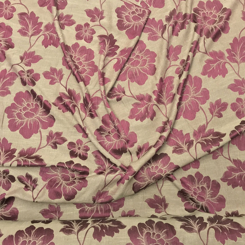 Cerise Pink Flower Upholstery Curtain Brocade Fabric 140cm, Brown - Bull Ring Fabrics
