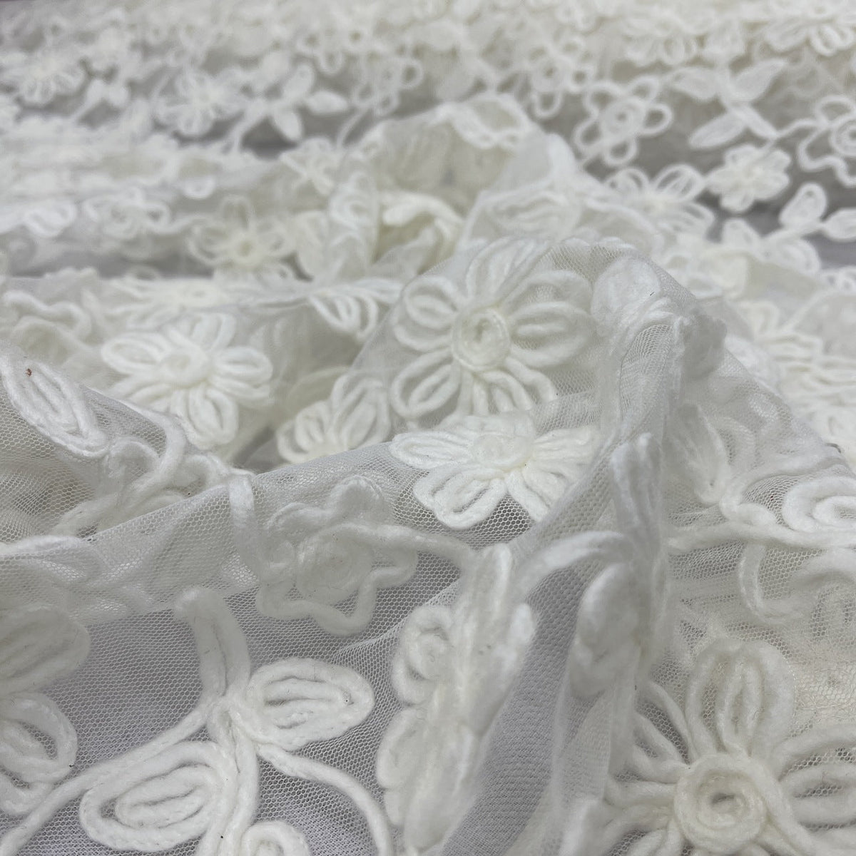 Chantilly Floral Rope Pattern Lace Net Frill Dress Fabric, Cream - Bull Ring Fabrics