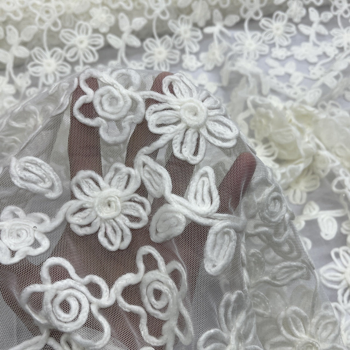 Chantilly Floral Rope Pattern Lace Net Frill Dress Fabric, Cream - Bull Ring Fabrics