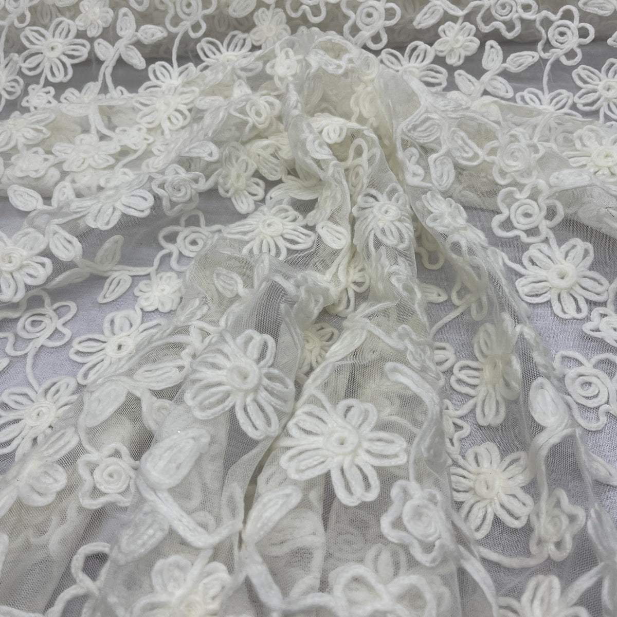 Chantilly Floral Rope Pattern Lace Net Frill Dress Fabric, Cream - Bull Ring Fabrics