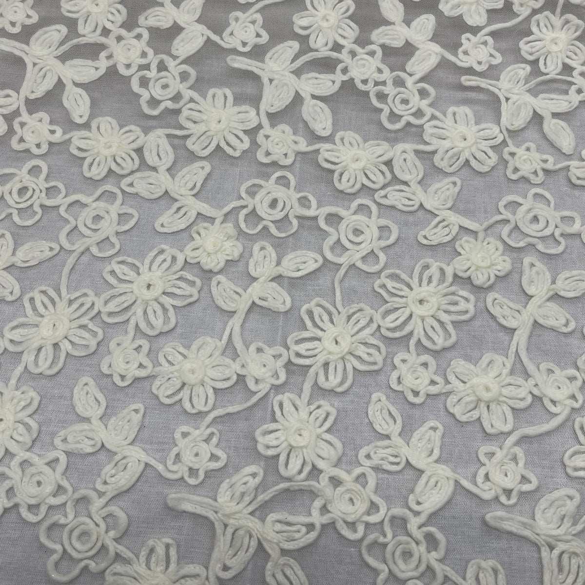 Chantilly Floral Rope Pattern Lace Net Frill Dress Fabric, Cream - Bull Ring Fabrics