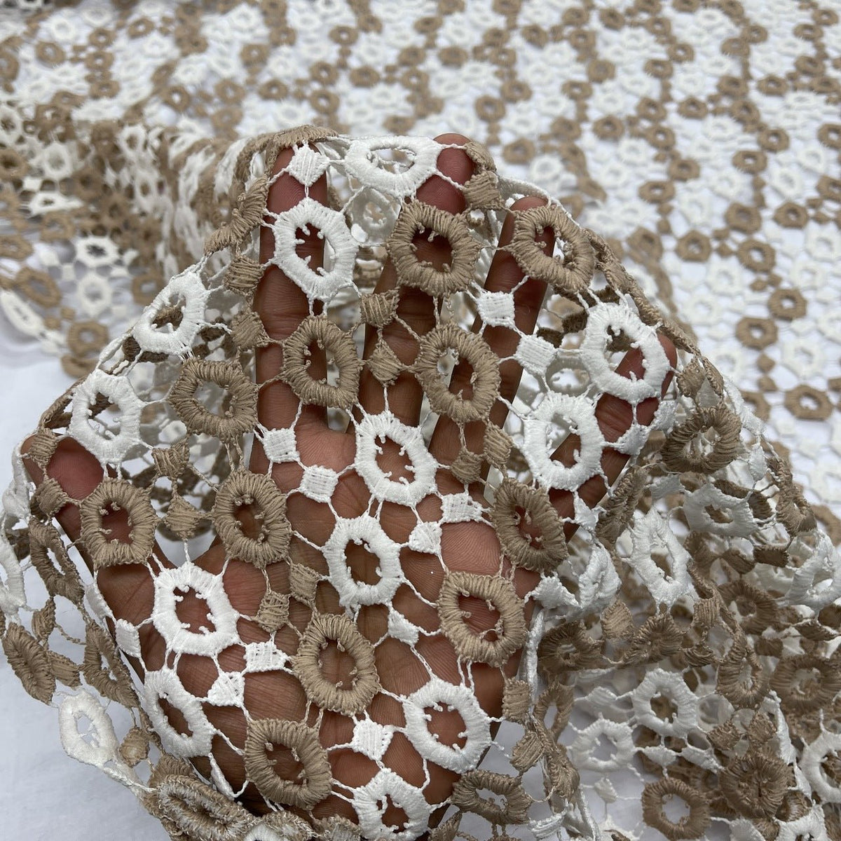 Chantilly Lace Net Frill Dress Fabric, Brown/White - Bull Ring Fabrics