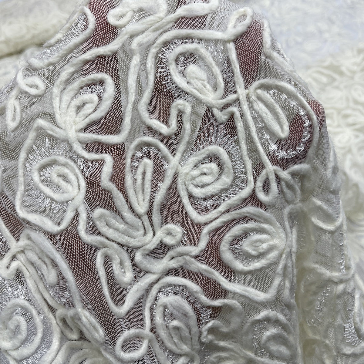 Chantilly Rope Pattern Lace Net Frill Dress Fabric, Cream - Bull Ring Fabrics