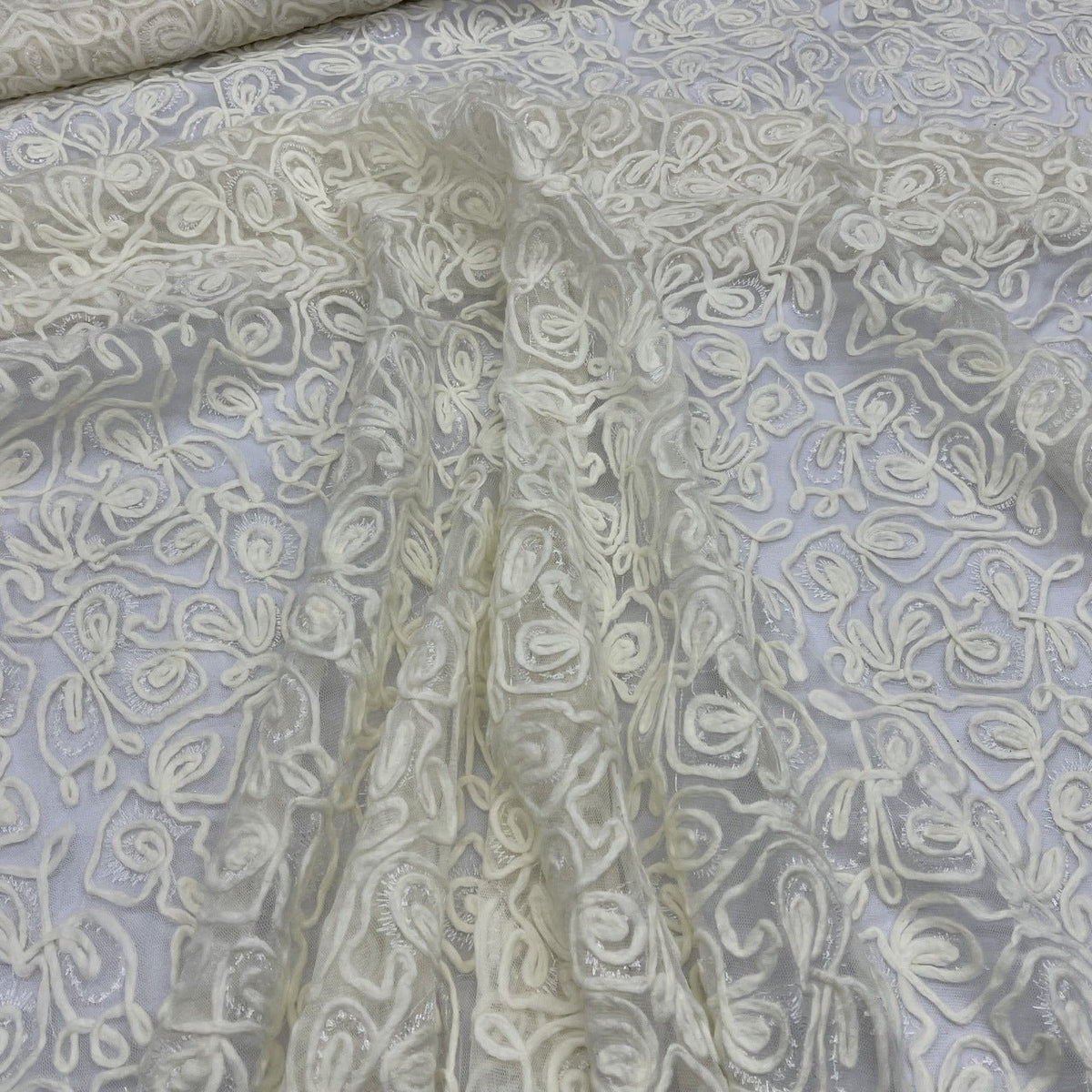 Chantilly Rope Pattern Lace Net Frill Dress Fabric, Cream - Bull Ring Fabrics