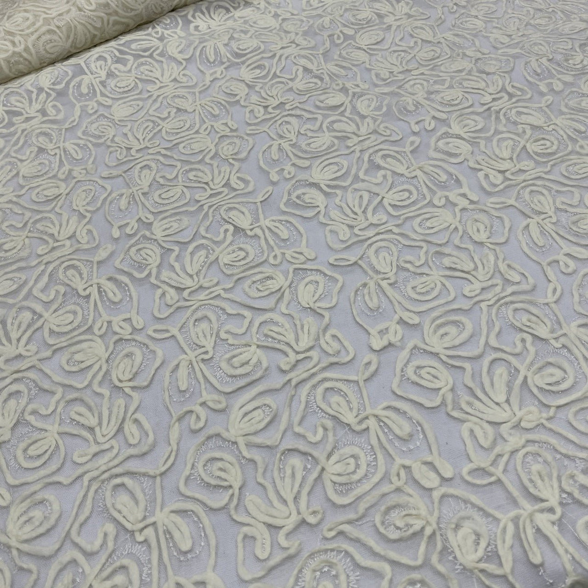 Chantilly Rope Pattern Lace Net Frill Dress Fabric, Cream - Bull Ring Fabrics