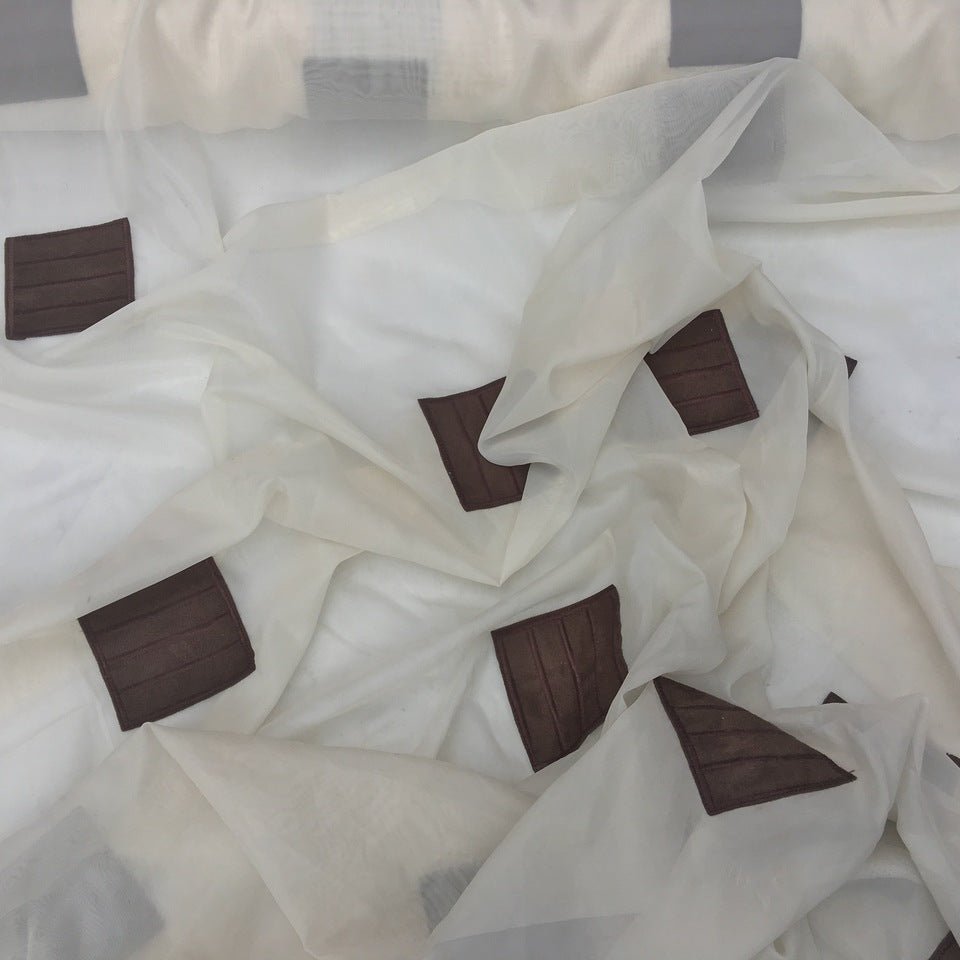 Chocolate Brown Suede Patch Voile Net Curtain Fabric, Cream - Bull Ring Fabrics