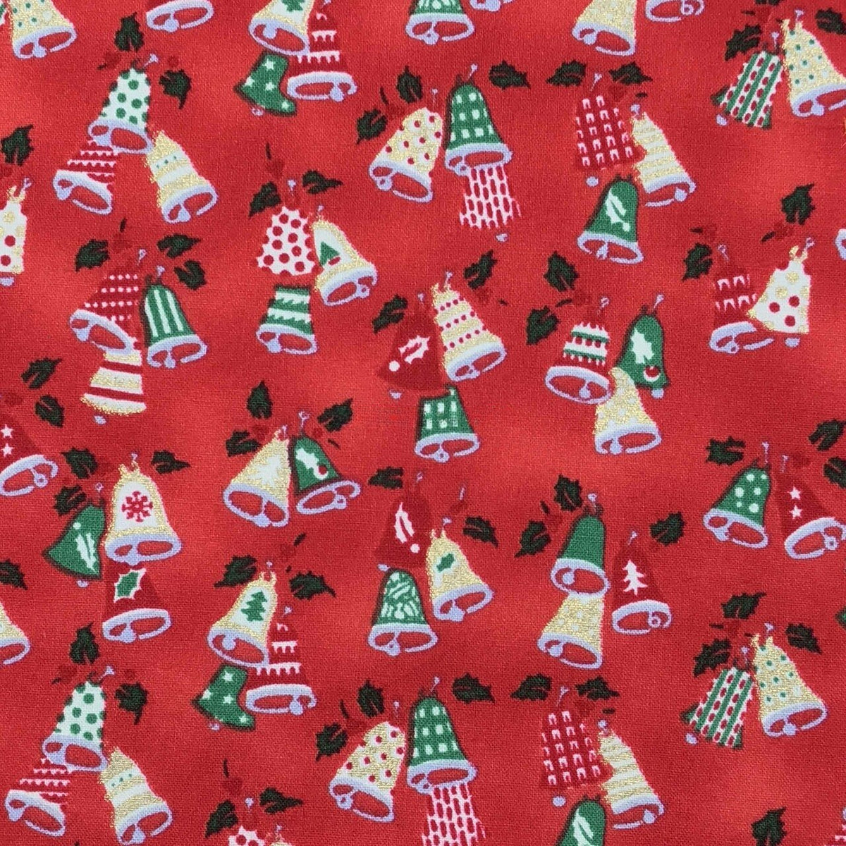 Christmas Bells Xmas Print Cotton Fabric, Red - Bull Ring Fabrics