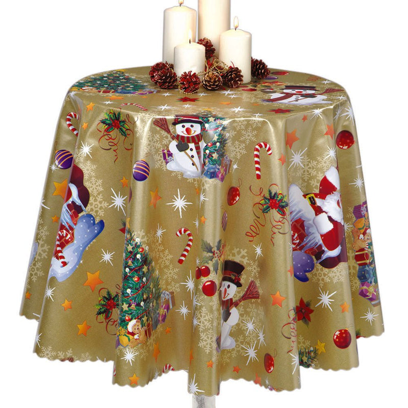 Christmas Print Santa Xmas Tablecloth PVC Fabric, Gold - Bull Ring Fabrics