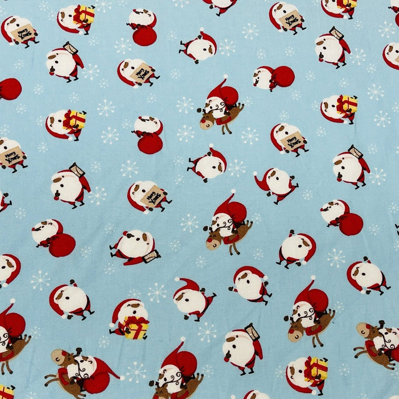 Christmas Santa & Rudolf Xmas Print Cotton Fabric, Blue - Bull Ring Fabrics