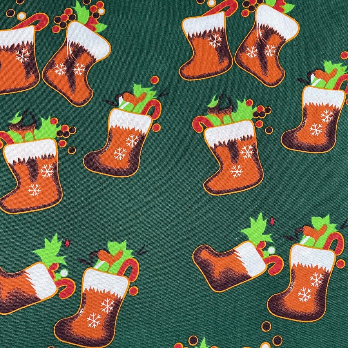 Christmas Stockings Polyester Bi-Stretch Fabric, Green - Bull Ring Fabrics
