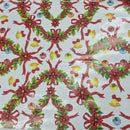 Christmas Wreaths & Bells Tablecloth PVC Fabric Xmas, White - Bull Ring Fabrics