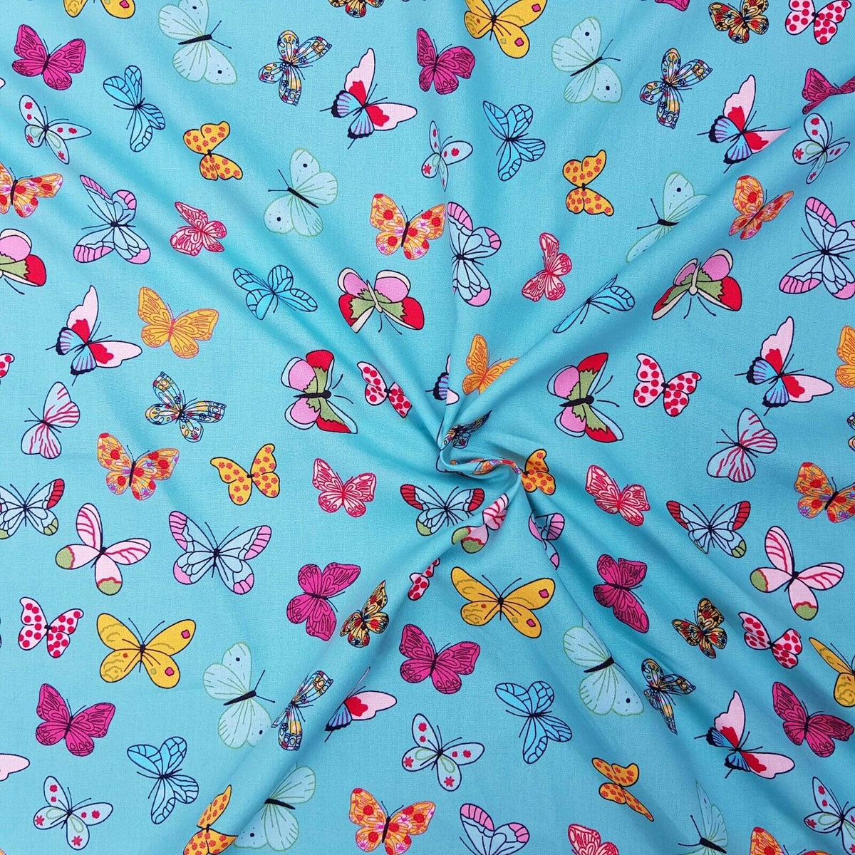 Colourful Butterflies 100% Cotton Poplin Fabric Rose and Hubble Dress, Mint - Bull Ring Fabrics