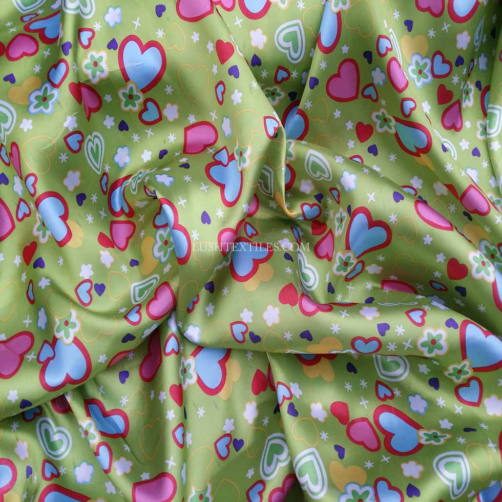 Colourful Retro Satin Fabric Love Hearts & Flowers Print 60" - Bull Ring Fabrics