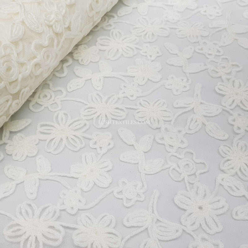 Cream Ribbon Flower French Lace Floral Fabric Net Material Wedding Bridal Dress - Bull Ring Fabrics