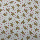 Gingerbread Man & Snowflakes Christmas Polycotton Xmas Fabric 45", White