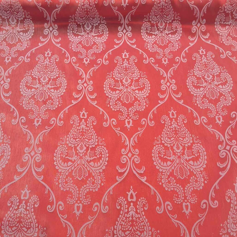 Damask 2 Velvet Flock Organza Net Voile Fabric, White - Bull Ring Fabrics
