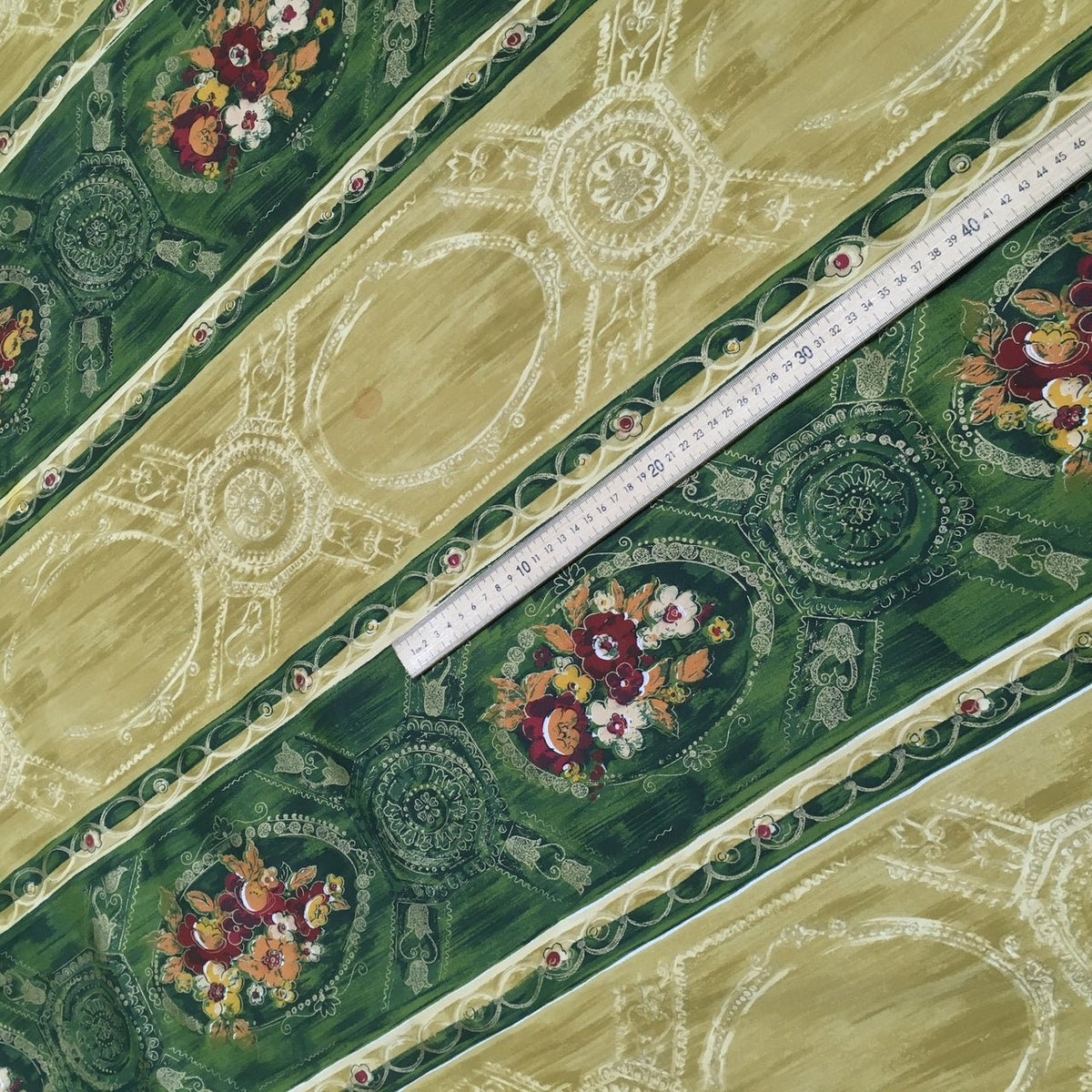 Damask Poppy Flowers Vintage Cotton Fabric, Green/Gold - Bull Ring Fabrics