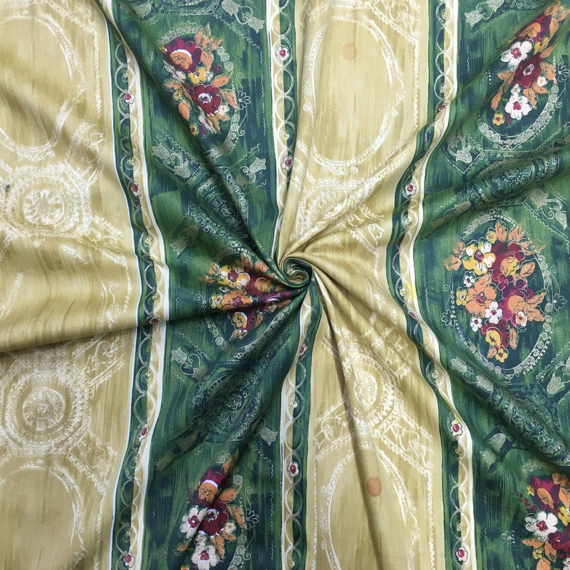 Damask Poppy Flowers Vintage Cotton Fabric, Green/Gold - Bull Ring Fabrics