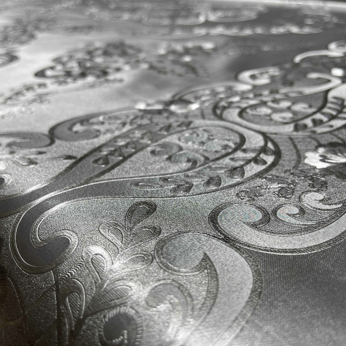 Damask PVC Oilcloth Fabric Embossed Metallic, Silver - Bull Ring Fabrics