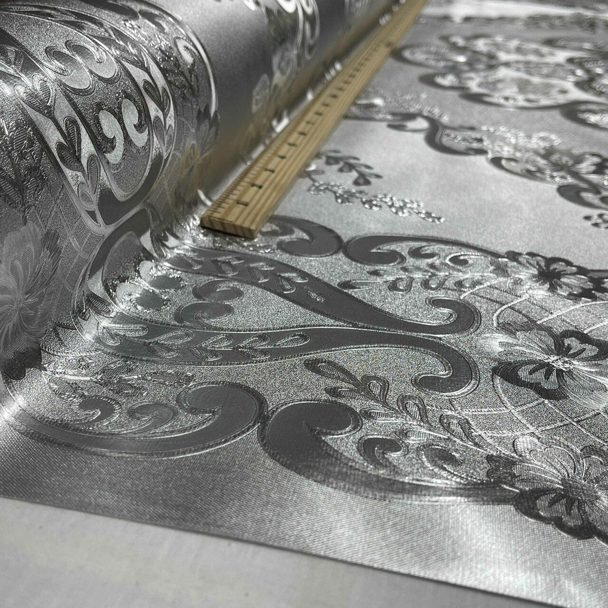 Damask PVC Oilcloth Fabric Embossed Metallic, Silver - Bull Ring Fabrics