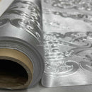 Damask PVC Oilcloth Fabric Embossed Metallic, Silver - Bull Ring Fabrics